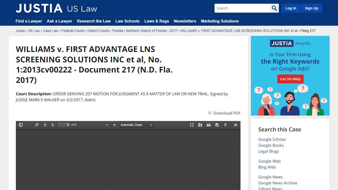 WILLIAMS v. FIRST ADVANTAGE LNS SCREENING SOLUTIONS INC et al, No. 1 ...